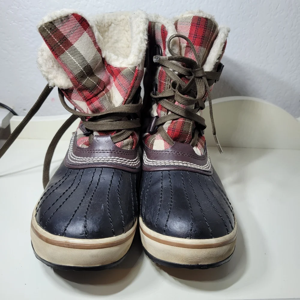 Sorel Snow Boot Plaid with Sherpa Lining, Waterproof Heel Boots, 8